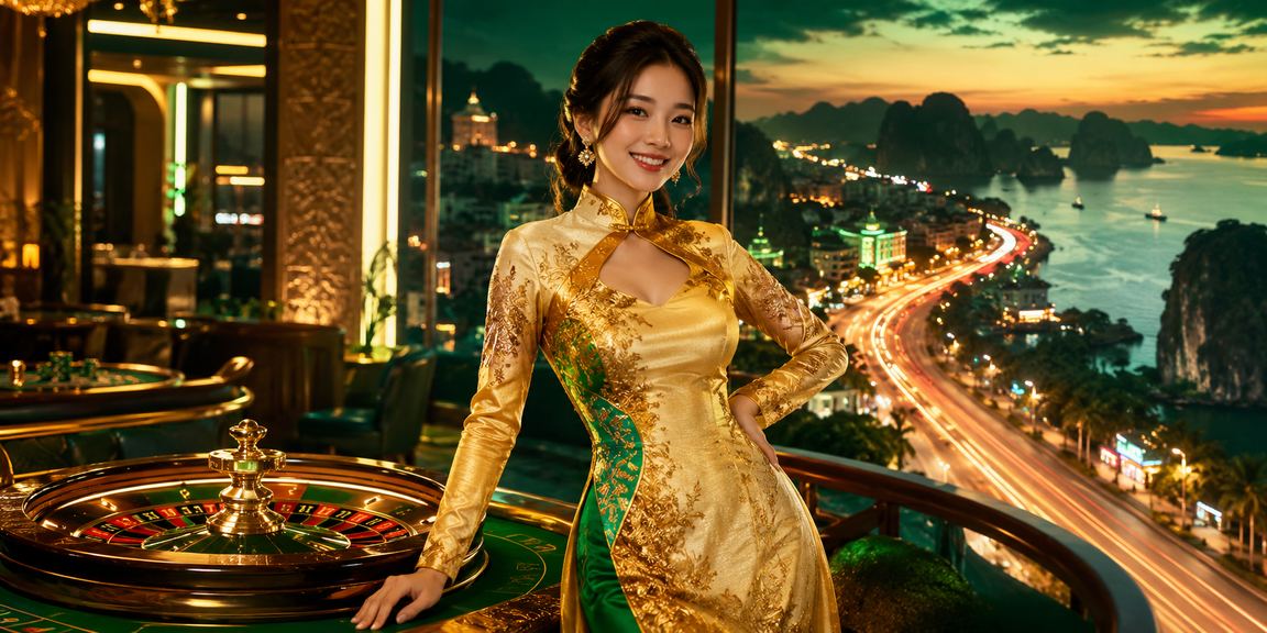 Phụ nữ mặc áo dài chơi roulette với phong cảnh vịnh Hạ Long làm nền