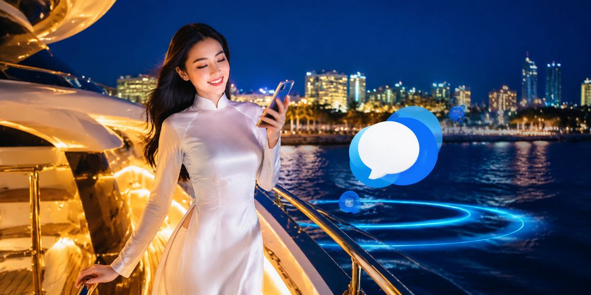 Người phụ nữ mặc áo dài Việt Nam tham gia casino trực tuyến qua điện thoại di động tại Phan Thiết