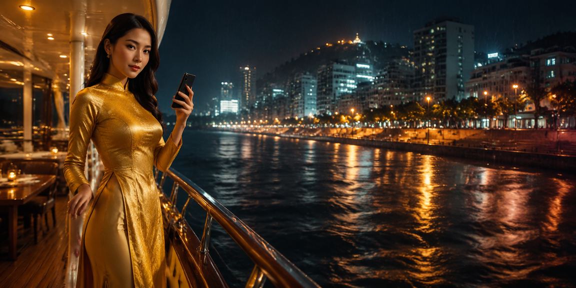 Cô gái áo dài tại bãi biển Vũng Tàu đang xem kết quả cá cược thể thao trên điện thoại
